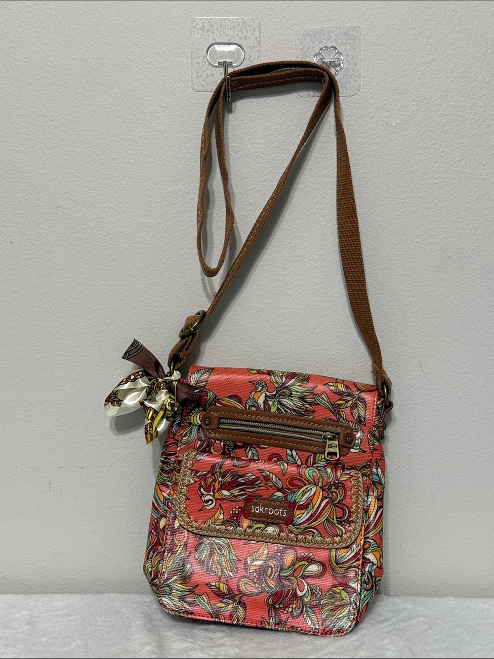 Sakroots Coral Floral Crossbody with Brown Strap